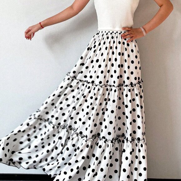 White Casual Women's Elegant Vacation Layered Clashing Polka Dot Halter Skirt - Picture 3 of 4
